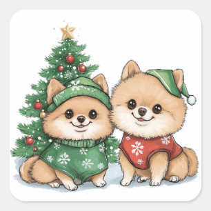 Sticker Carré Chiens de Noël Poméraniens