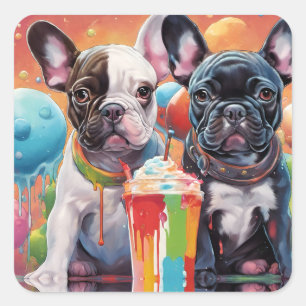 Sticker Carré Chiens de taureau français, Milkshake