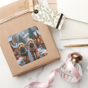 Sticker Carré Chiens Goldendoodle Noël Neige Fêtes