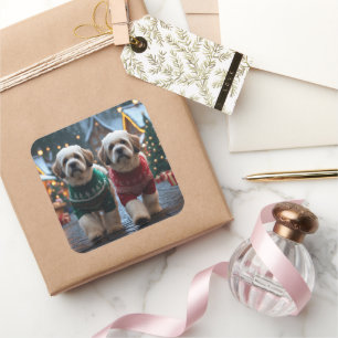 Sticker Carré Chiens Lhasa Apso Noël Neige Vacances