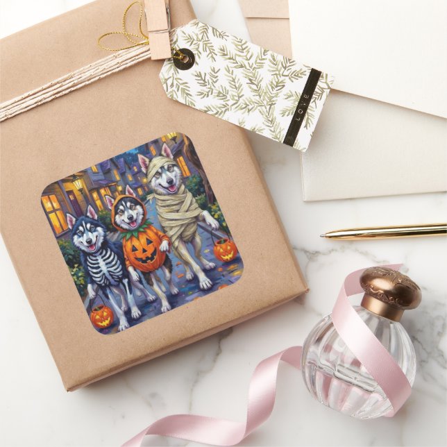 Sticker Carré Chiens malamuts de l'Alaska qui se transforment en (Cadeaux)