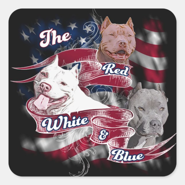 Sticker Carré Chiens Pitbull rouges, blancs et bleus (Devant)
