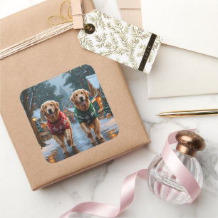 Sticker Carré Chiens Retriever doré Noël Neige Fêtes