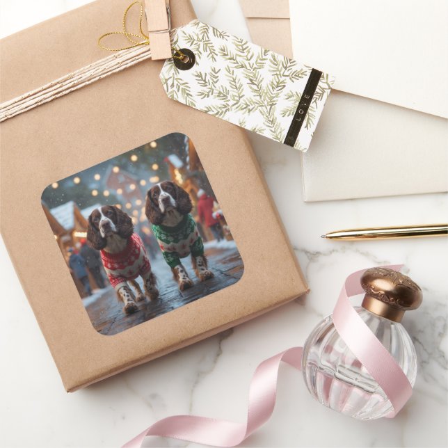 Sticker Carré Chiens Springer Spaniel Noël Neige Fêtes (Cadeaux)