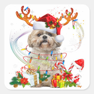 Sticker Carré Chih Tzu Christmas Reindeer | Lumières de Noël