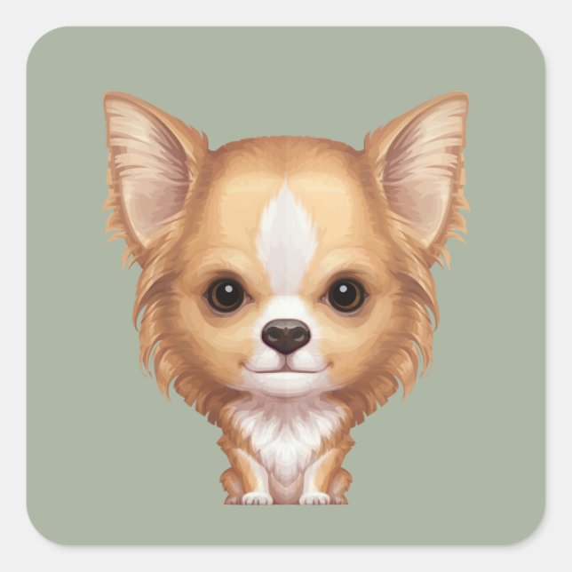 Sticker Carré Chihuahua blanc et beige à long haïre (Devant)