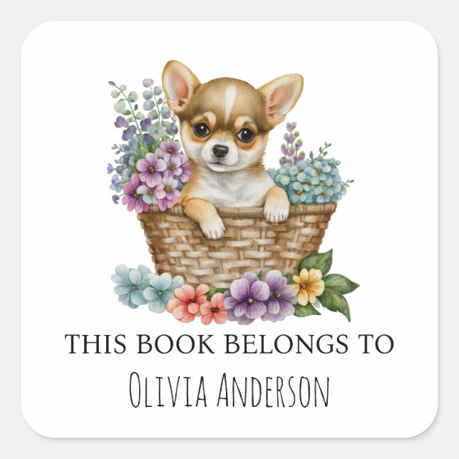 Sticker Carré chihuahua Chiot dans le panier floral Ce livre app (Devant)