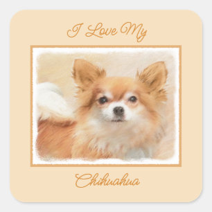 Sticker Carré Chihuahua Peinture de Chien à long Haired Art orig