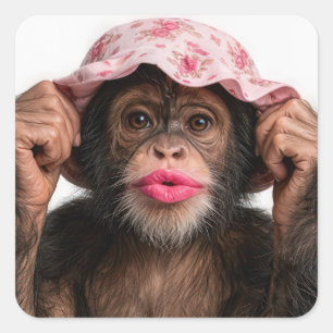Sticker Carré Chimpanzé portant du rouge à lèvres rose