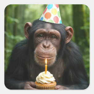 Sticker Carré Chimpanzé tenant un gâteau d'anniversaire
