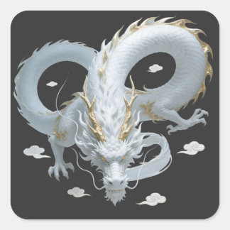 Sticker Carré Chinese White Gold Dragon Art Fantasy Design With 