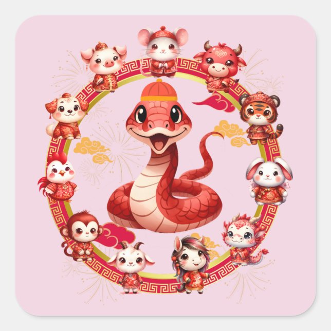 Sticker Carré Chinois Lunaire Conception du serpent du Nouvel An (Devant)