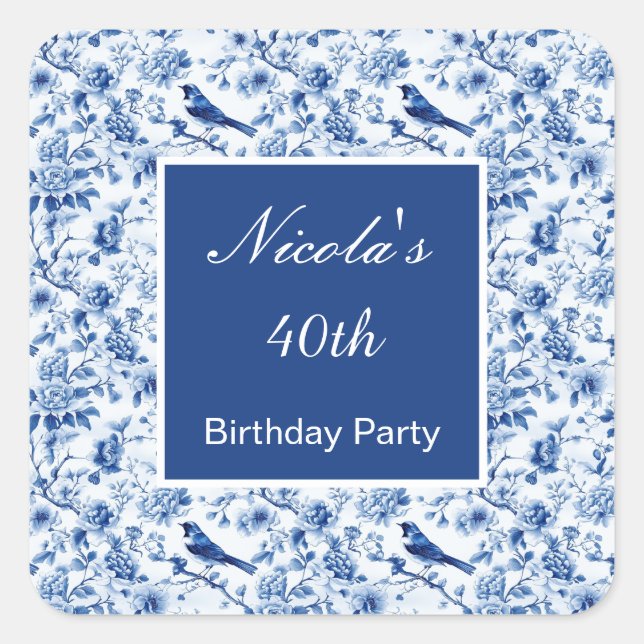 Sticker Carré Chinoiserie Blue Birds and Flowers Birthday (Devant)