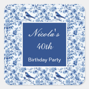 Sticker Carré Chinoiserie Oiseaux bleus et Fleurs Anniversaire
