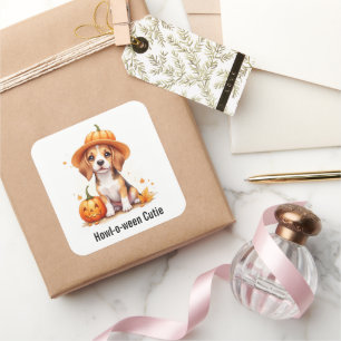 Sticker Carré Chiot Beagle au chapeau de citrouille Halloween Aq