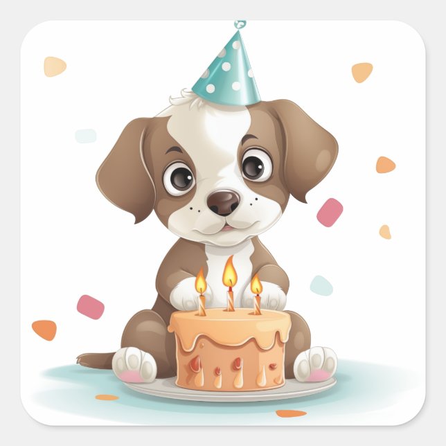Sticker Carré Chiot d'anniversaire (Devant)