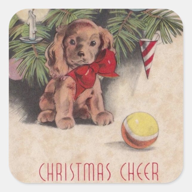 Sticker Carré Chiot de Noël Vintage (Devant)