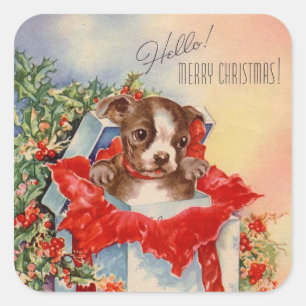 Sticker Carré Chiot de Noël Vintage En présent