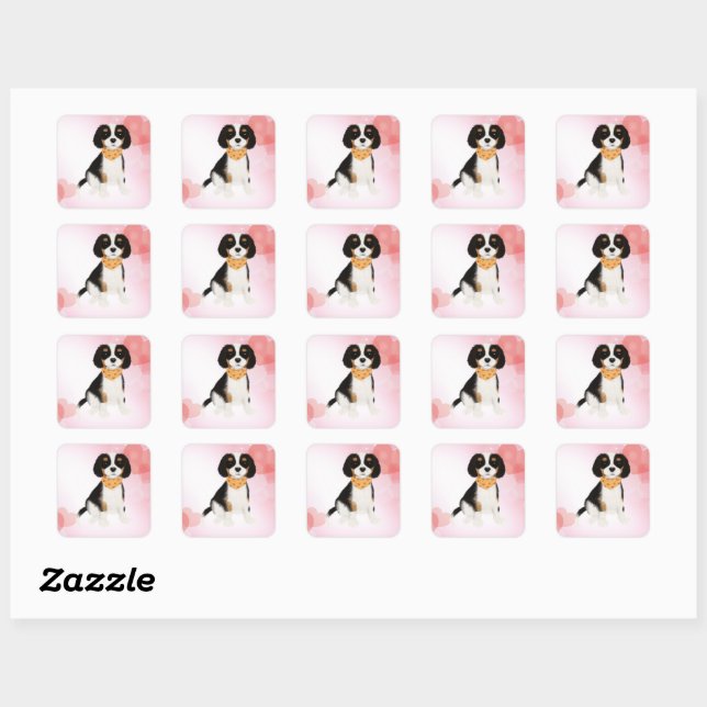 Sticker Carré Chiot Espagnol Cavalier de trois couleurs (Feuille)