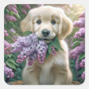 Sticker Carré Chiot Golden Retriever avec Lilacs