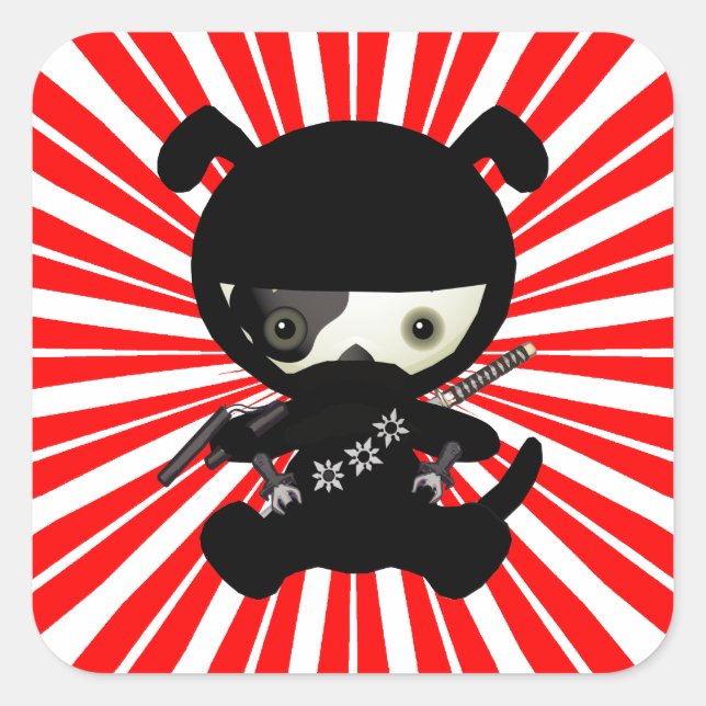 Sticker Carré Chiot mignon de Kawaii Ninja sur le rouge (Devant)