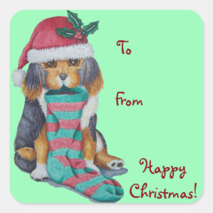 Sticker Carré chiot noir et brun mignon vêtu pour noël