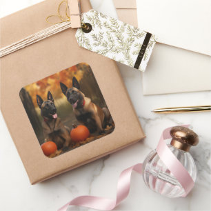 Sticker Carré Chiots Malinois Belge Délice d'Automne Citrouille