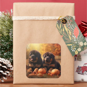 Sticker Carré Chiots Mastiff Tibétain Délice d'Automne Citrouill