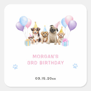 Sticker Carré Chiots roses pawty fête d'anniversaire