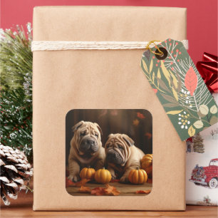Sticker Carré Chiots Shar Pei Délice d'Automne Citrouille