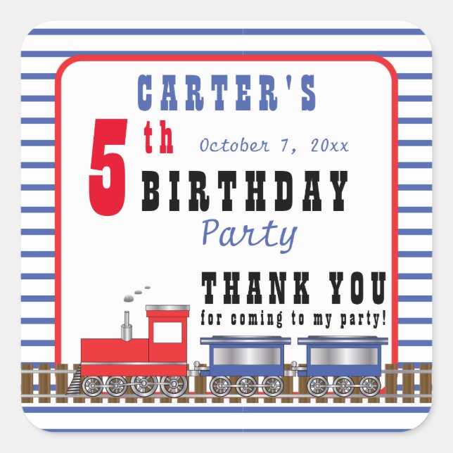 Sticker Carré Cho Choo Train Anniversaire Merci Favor (Devant)