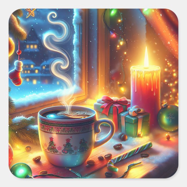 Sticker Carré Chocolat chaud dans une fenêtre de Noël (Devant)