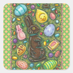 STICKER CARRÉ CHOCOLAT PÂQUES BUNNY, POULET, OEUFS, JELLY BEANS