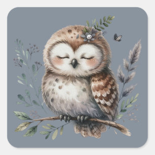 Sticker Carré Chouette à l'aquarelle mignonne avec style boisé f