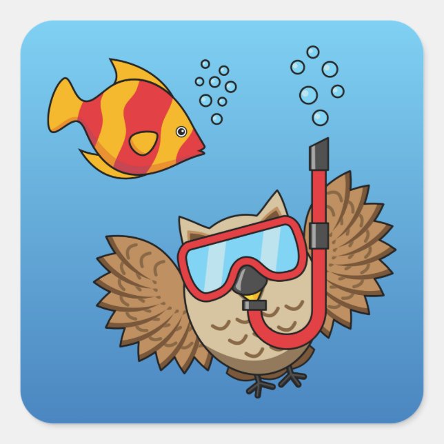 Sticker Carré Chouette avec masque tuba et poisson tropical (Devant)