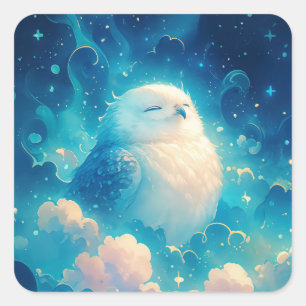 Sticker Carré Chouette blanche mignonne dormant dans des nuages 