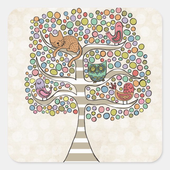 Sticker Carré Chouette chatte et oiseaux dans un arbre Illustrat (Devant)