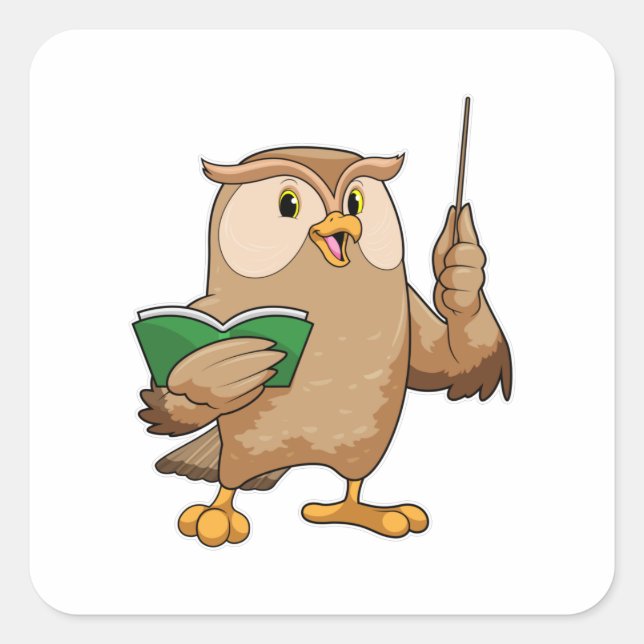 Sticker Carré Chouette comme enseignant avec livre et pointeur (Devant)