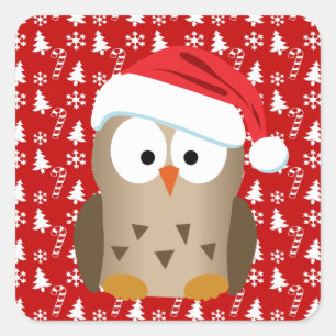 Sticker Carré Chouette de Noël avec chapeau de Noël