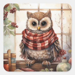 Sticker Carré Chouette de Noël Cosy Chouette d'hiver Cosy