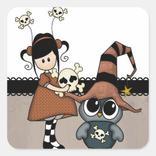 Sticker Carré Chouette d'Halloween & Fille aux crânes, mignonne 
