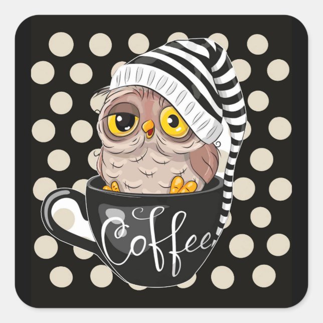 Sticker Carré Chouette du matin Noir Tan Pois (Devant)