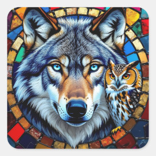 Sticker Carré Chouette et loup de style mosaïque faune vibrante