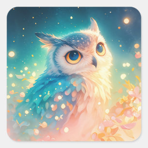 Sticker Carré Chouette Fantastique avec de Grands Yeux Bleus