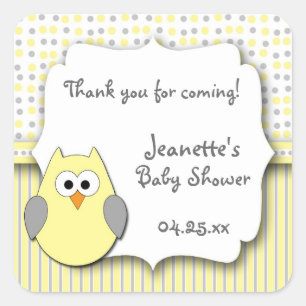 Sticker Carré Chouette jaune et gris baby shower favoriser les a