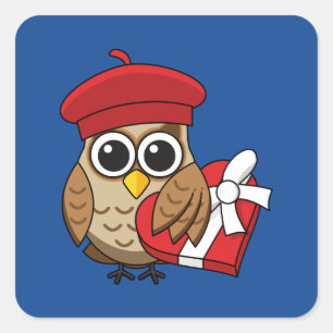 Sticker Carré Chouette mignonne avec béret rouge et boîte cardia