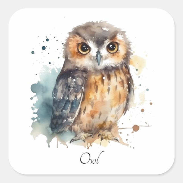 Sticker Carré Chouette mignonne en aquarelle personnalisable (Devant)