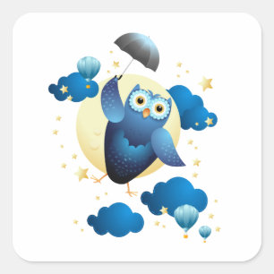 Sticker Carré Chouette mignonne volant avec parapluie