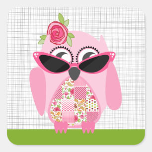 Sticker Carré Chouette rose avec chevalet de lunettes de soleil