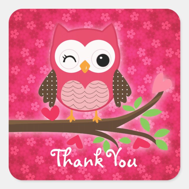Sticker Carré Chouette rose chaude Merci fille (Devant)